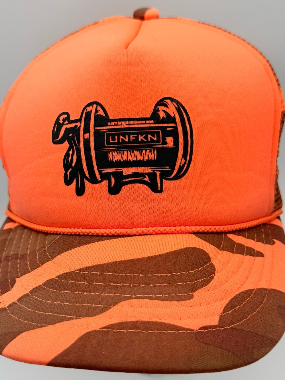 UNFKN Orange Trucker Cap with Camo Brim